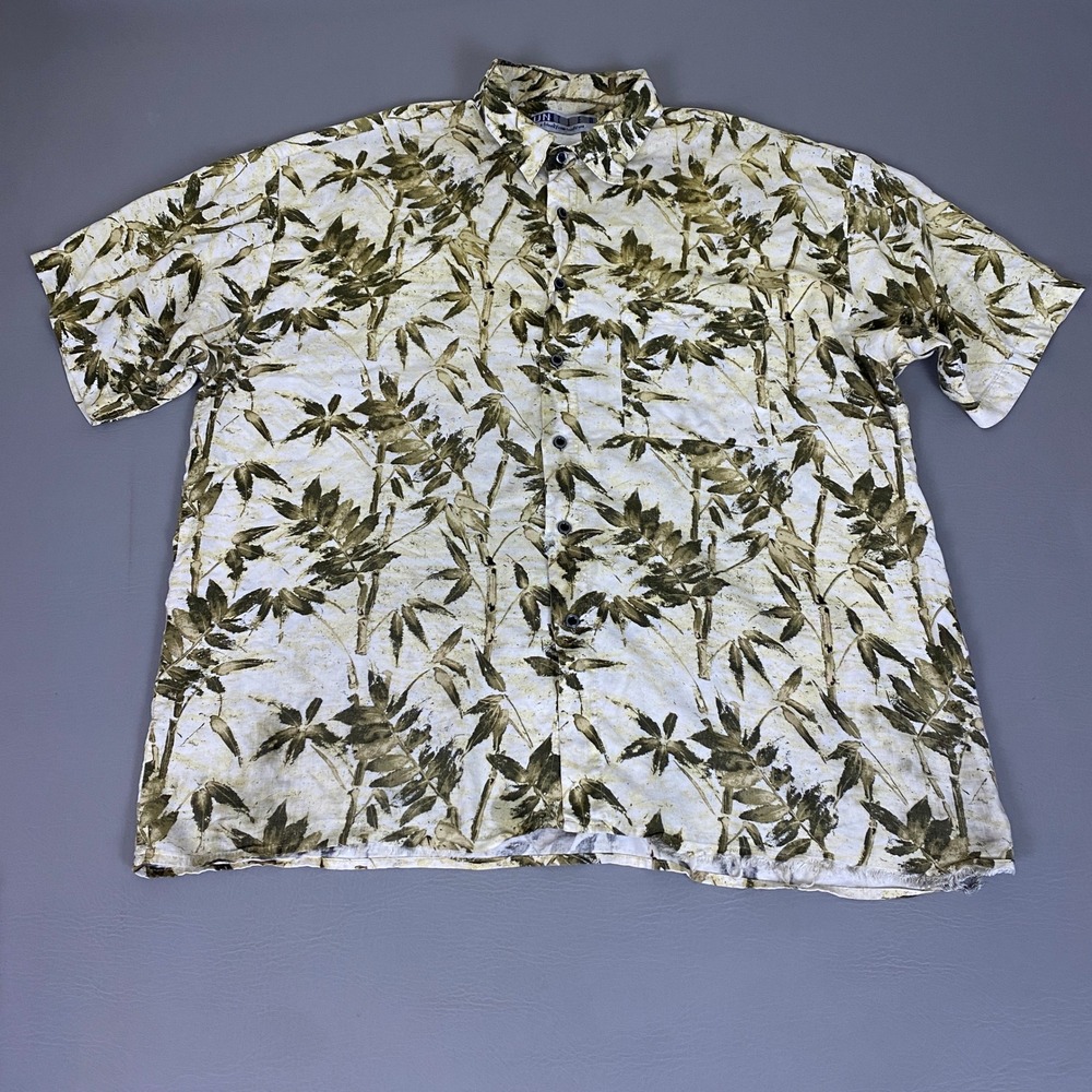 Vintage Untied Shirt Men's Size XL Bamboo Leaf Print Viscose Cream‎ Green *Flaw*
